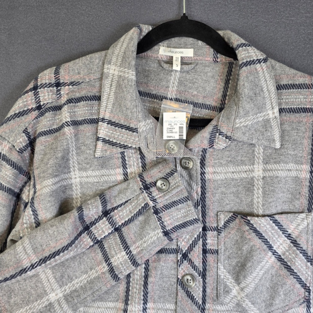 Maurices Gray Plaid Long Sleeve Fleece Button Down Shirt Womens Small Cozy NWT